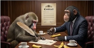 Two monkeys in a wood-paneled office signing a contract with a quill pen