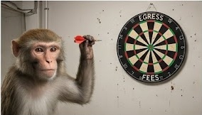 A monkey throwing a dart at a dartboard labeled EGRESS FEES