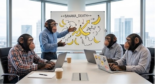 Monkeys in business attire around a boardroom table, one gesturing at a whiteboard reading BANANA_DEATH with a chaotic diagram of bananas