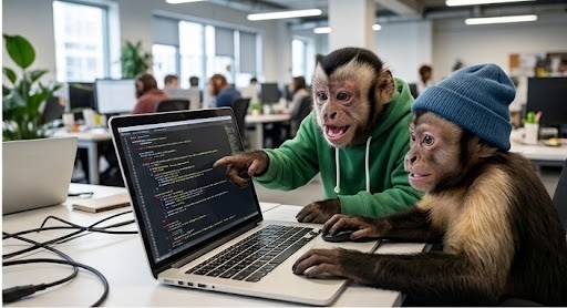 Two monkeys pair programming at one laptop, pointing excitedly at a code editor