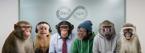 The full troop lined up together in the office, with the DevOoops logo visible on the wall behind them